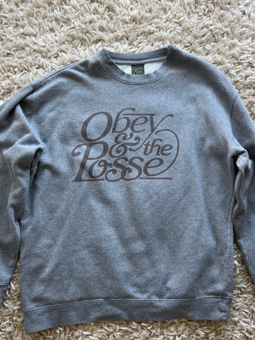 Obey Gray Crewneck Sweatshirt with Brown Chest Script